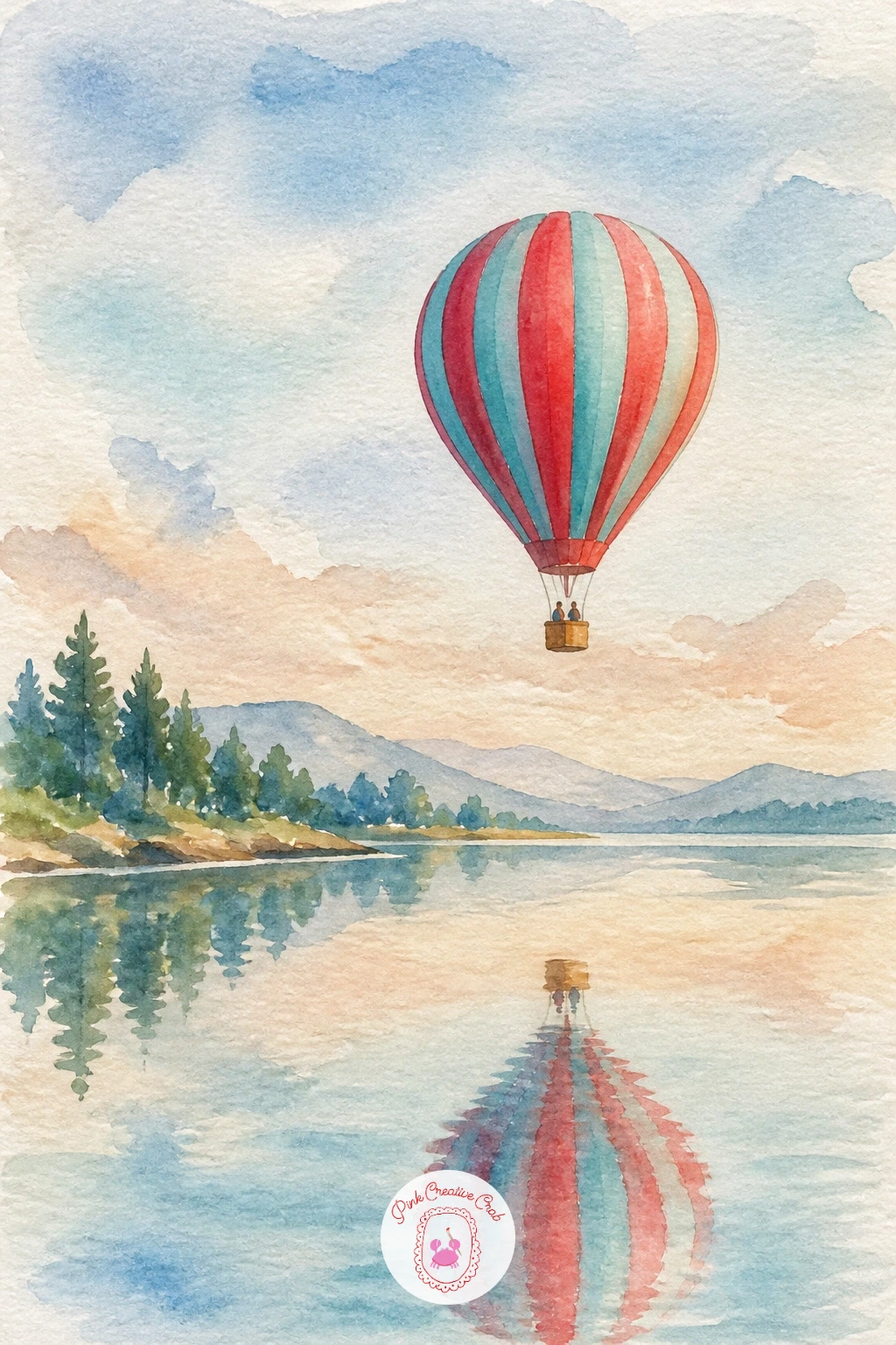 Striped Balloon Over A Lake — A balloon over still water is really an exercise in reflection, so this one is worth slowing down for. Watercolor hot air balloon
