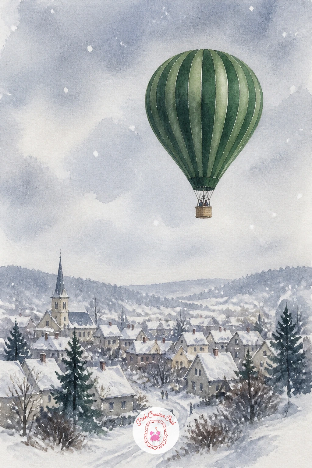Balloon Over A Snowy Village — Shift the mood now toward a cozy winter scene. Watercolor hot air balloon