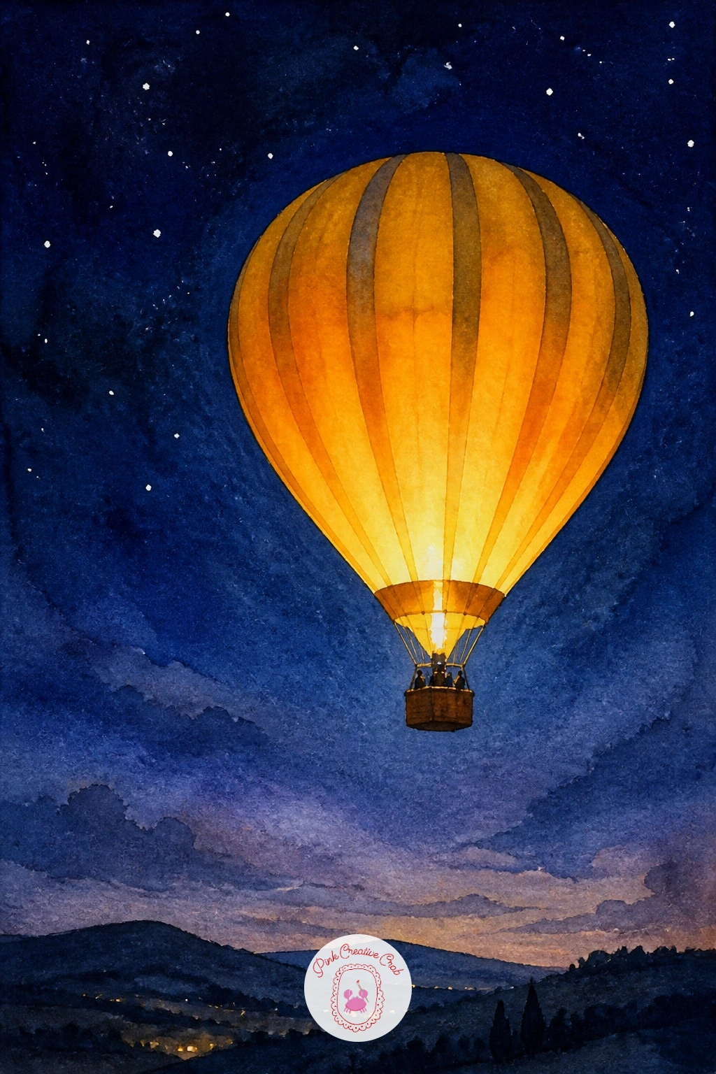 Balloon At Night With A Glow — For something more dramatic, paint a balloon lit from within against a night sky. Watercolor hot air balloon