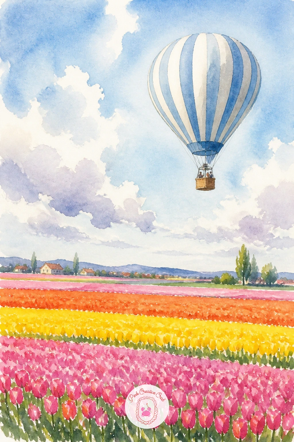 Balloon Over Tulip Fields — From night back to bright daylight, this scene lets you paint bold color blocks the way the Dutch tulip fields are famous for.