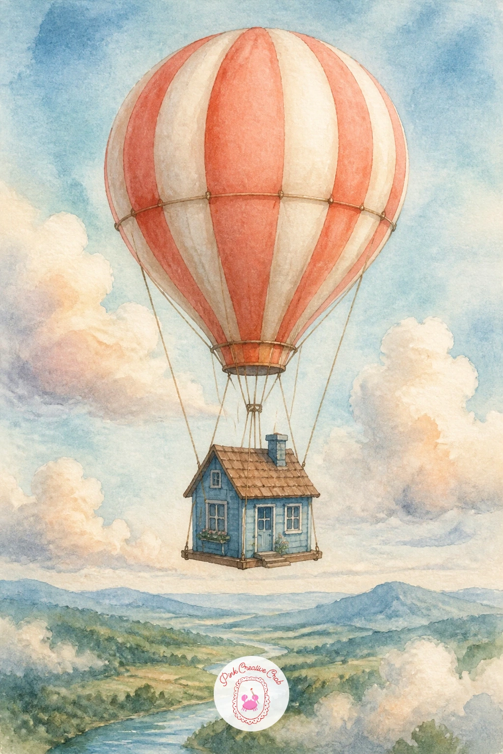 Balloon Carrying A Little House — This whimsical idea borrows from storybook illustration: a tiny cottage hanging beneath the balloon instead of a basket.