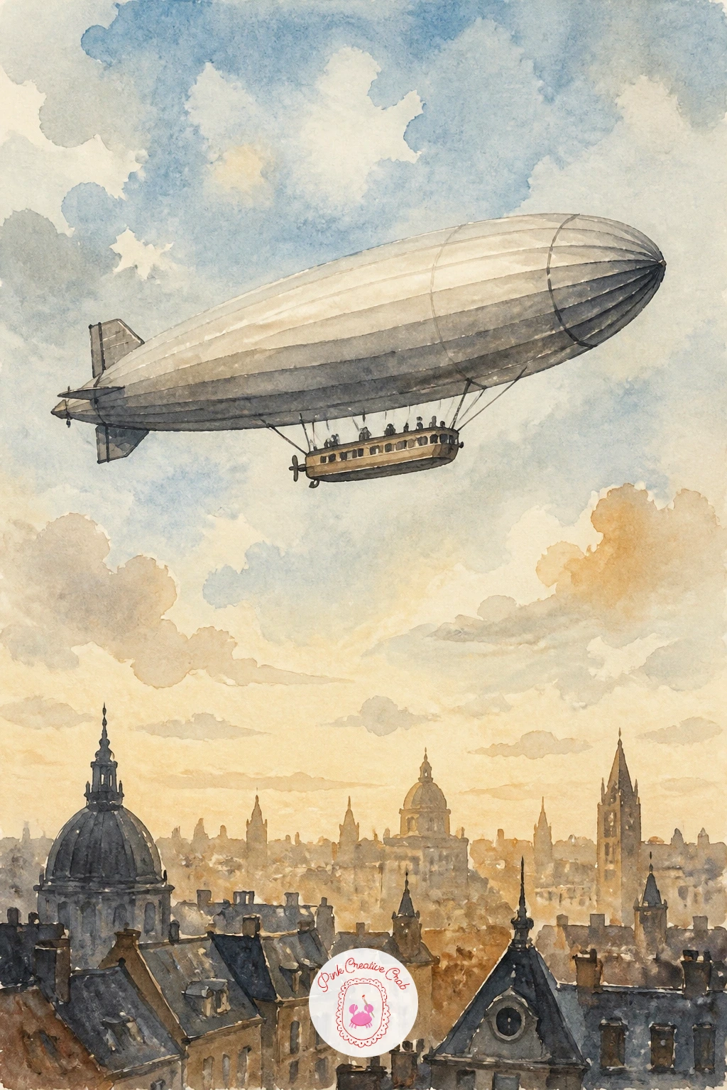 Airship Over A City — An airship drifting above rooftops gives you a chance to practice both perspective and a soft city silhouette. Watercolor hot air balloon
