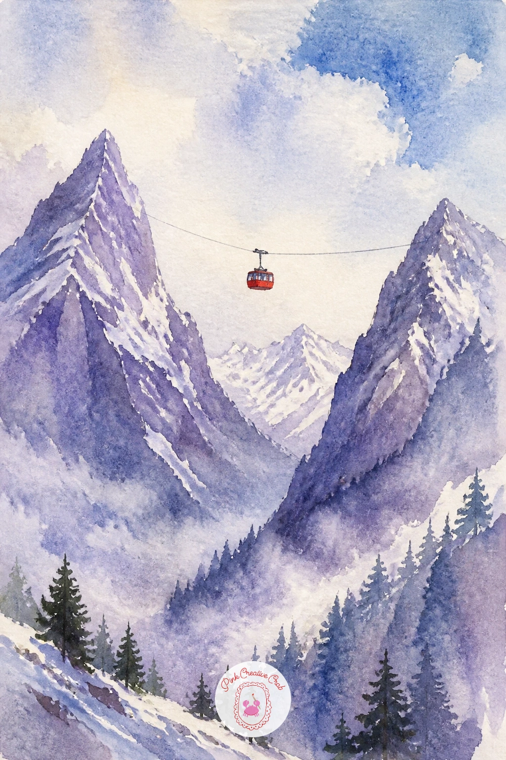 Cable Car Above The Alps — A cable car crossing between two peaks is a lovely study in sparse, confident shapes. Watercolor hot air balloon