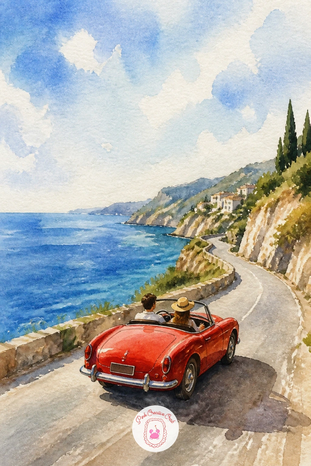 Red Convertible On A Coastal Road — Switching gears entirely, a red convertible cruising a coastal road is pure vintage postcard energy. Watercolor hot air