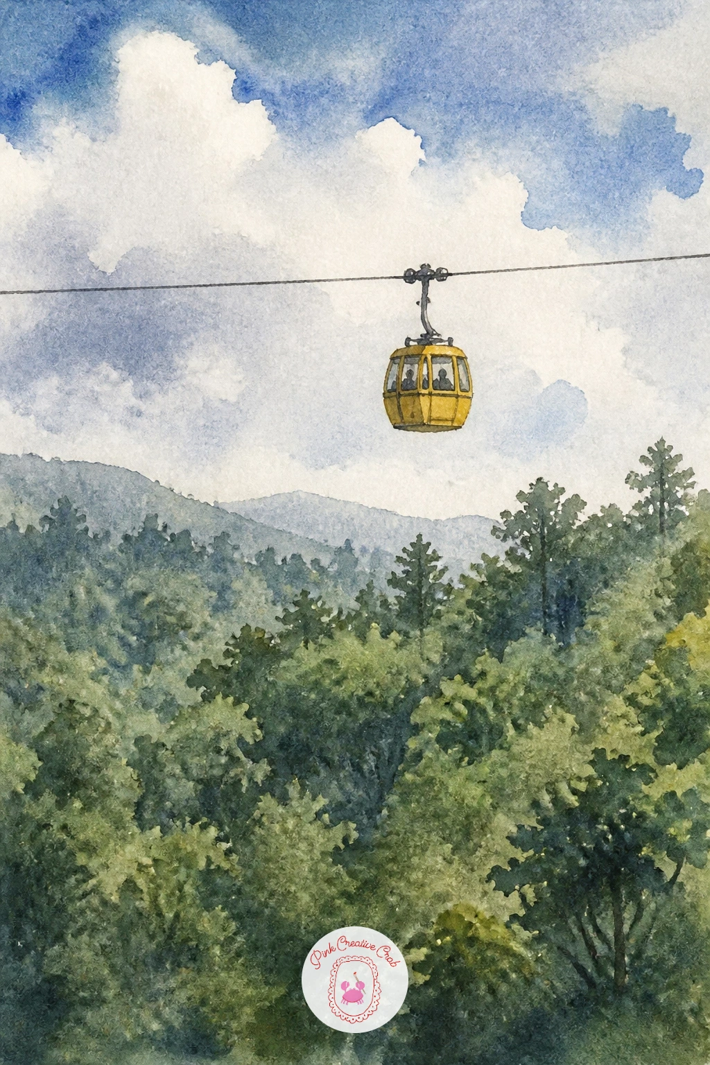 Gondola Lift Over A Forest — Returning briefly to the sky, a gondola lift carries you over a dense forest canopy instead of mountain peaks. Watercolor hot air