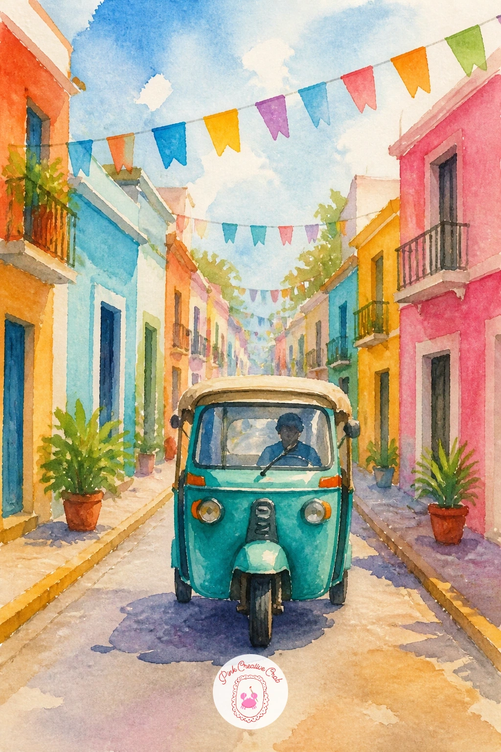 Tuk-Tuk On A Colorful Street — A tuk-tuk weaving down a bright street setting lets you practice packing a lot of color into a small space without it turning