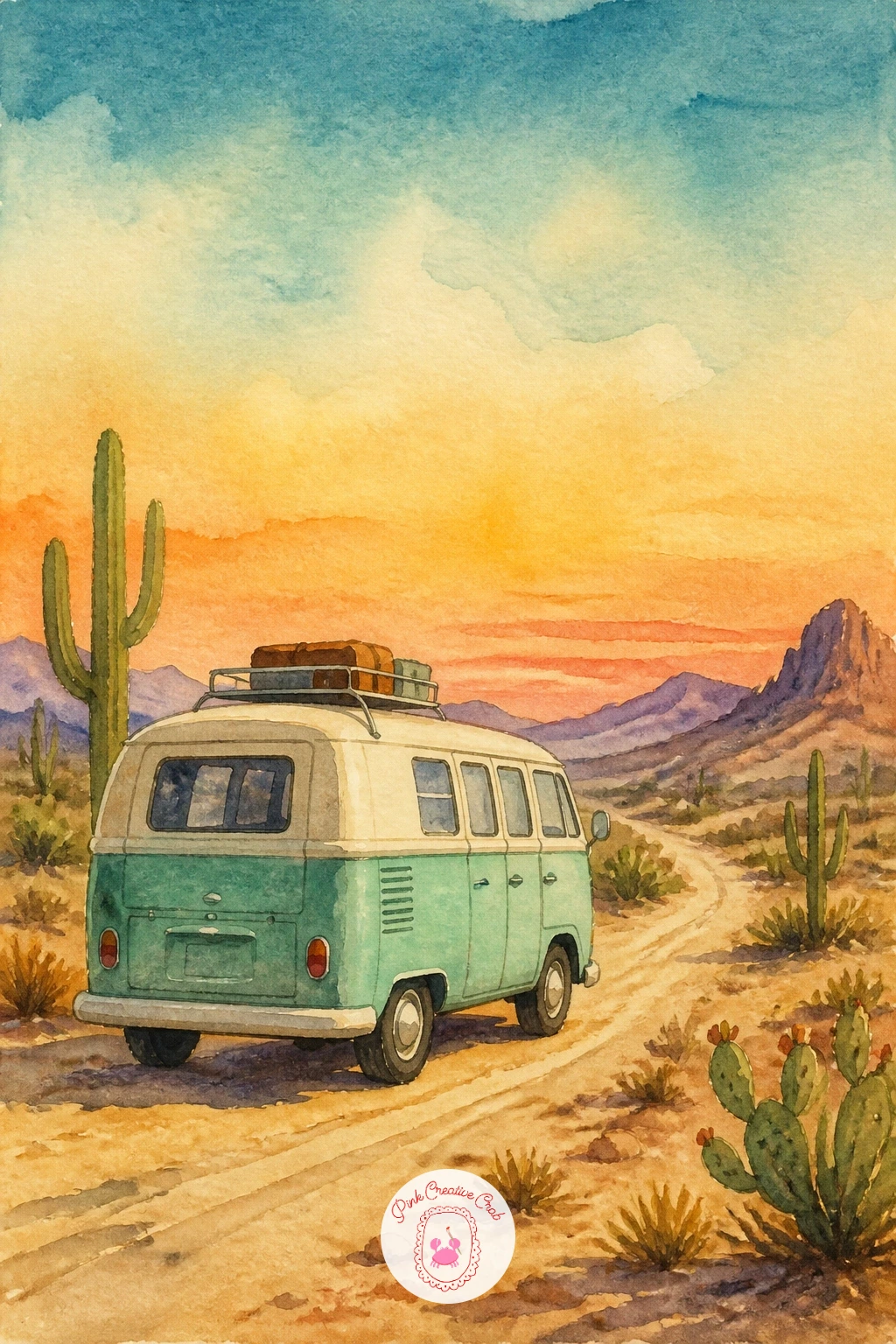 Vintage Camper On A Desert Road — A rounded vintage camper parked on an open desert road is a quieter, more spacious scene after all that street color.