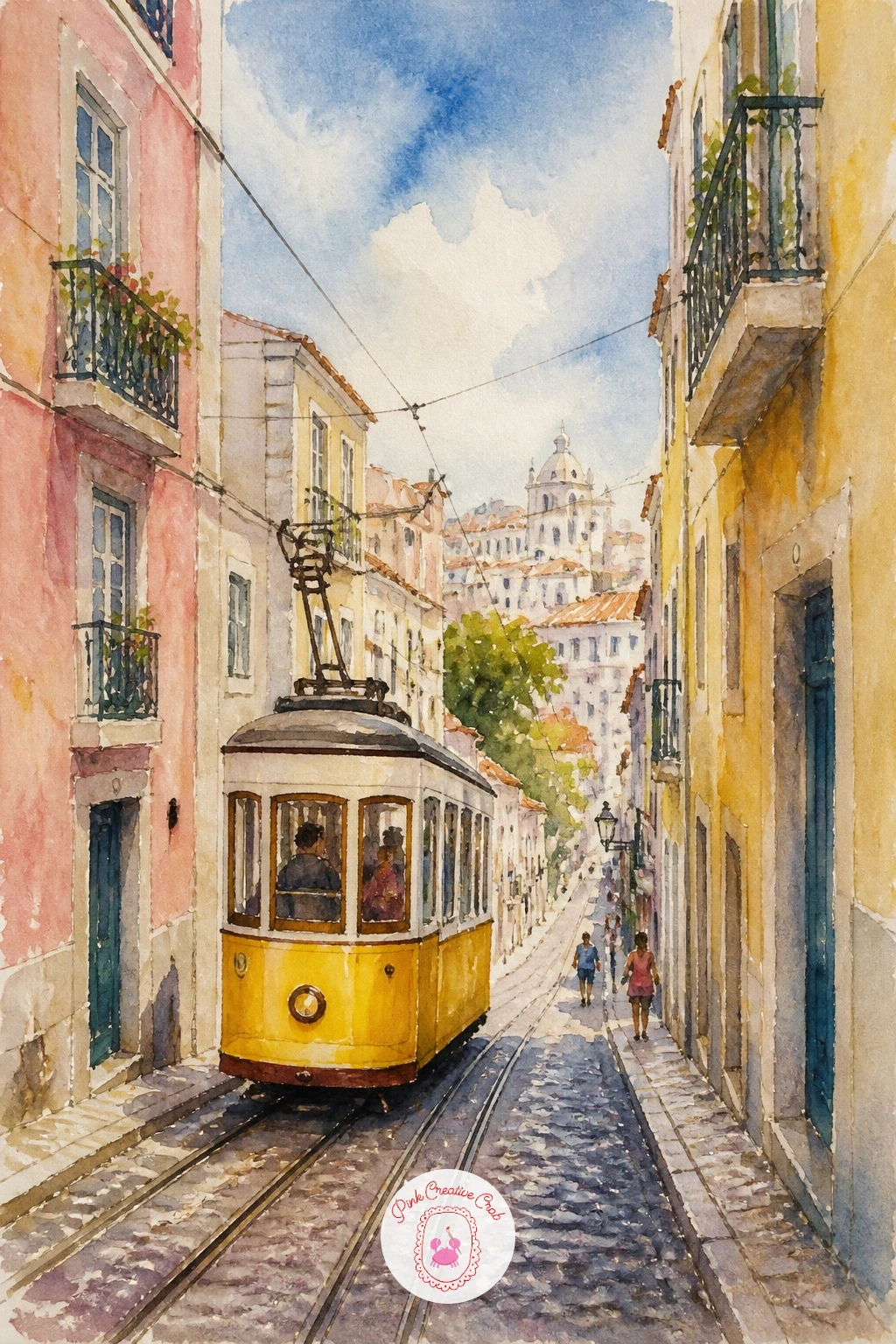 Vintage Tram Climbing A Lisbon Hill — A small yellow tram climbing a steep cobbled hill brings in Lisbon's famous color and charm. Watercolor hot air balloon