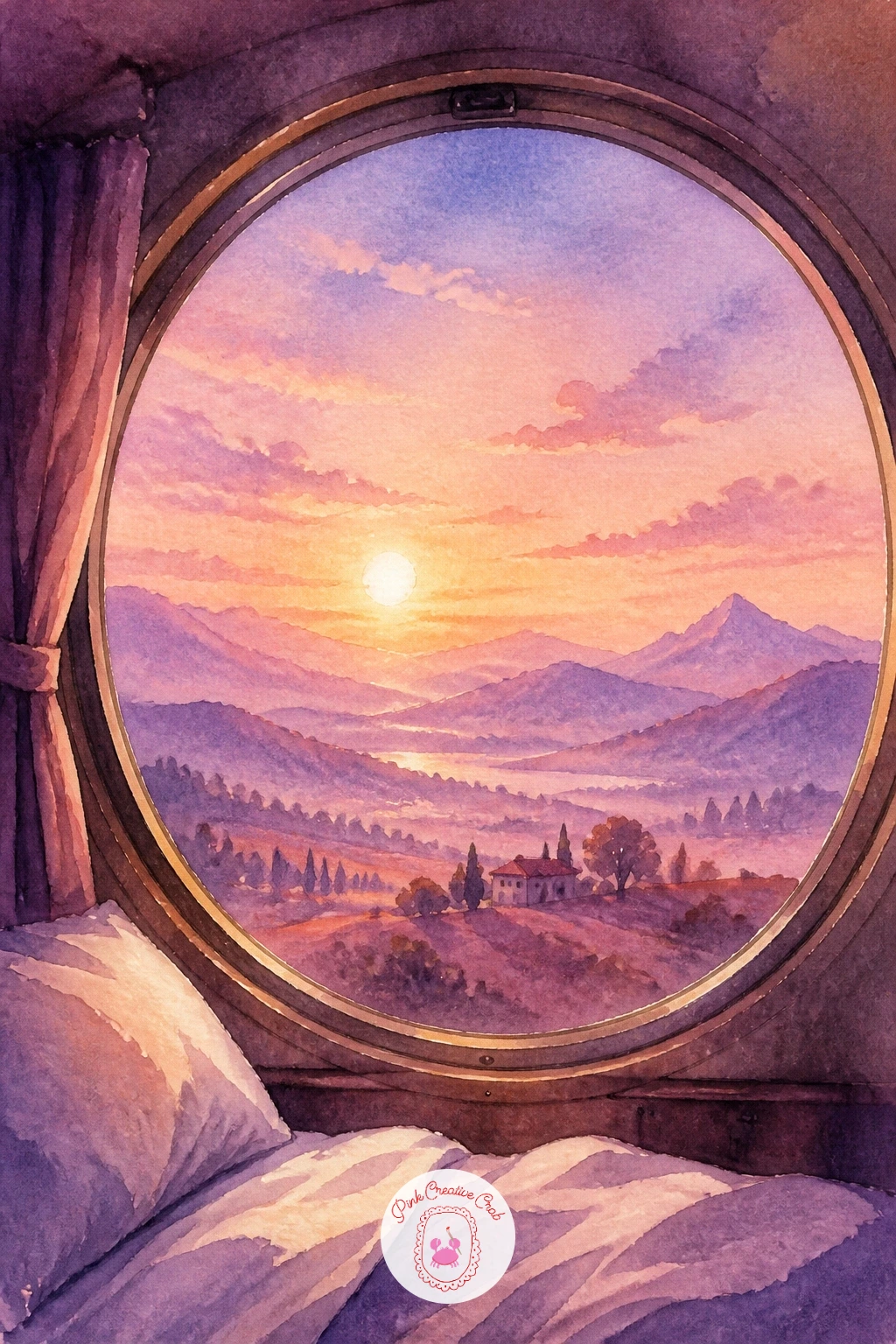 Sleeper Train Window At Dawn — This one takes a different approach: instead of painting the whole train, you paint the view as if looking out through its