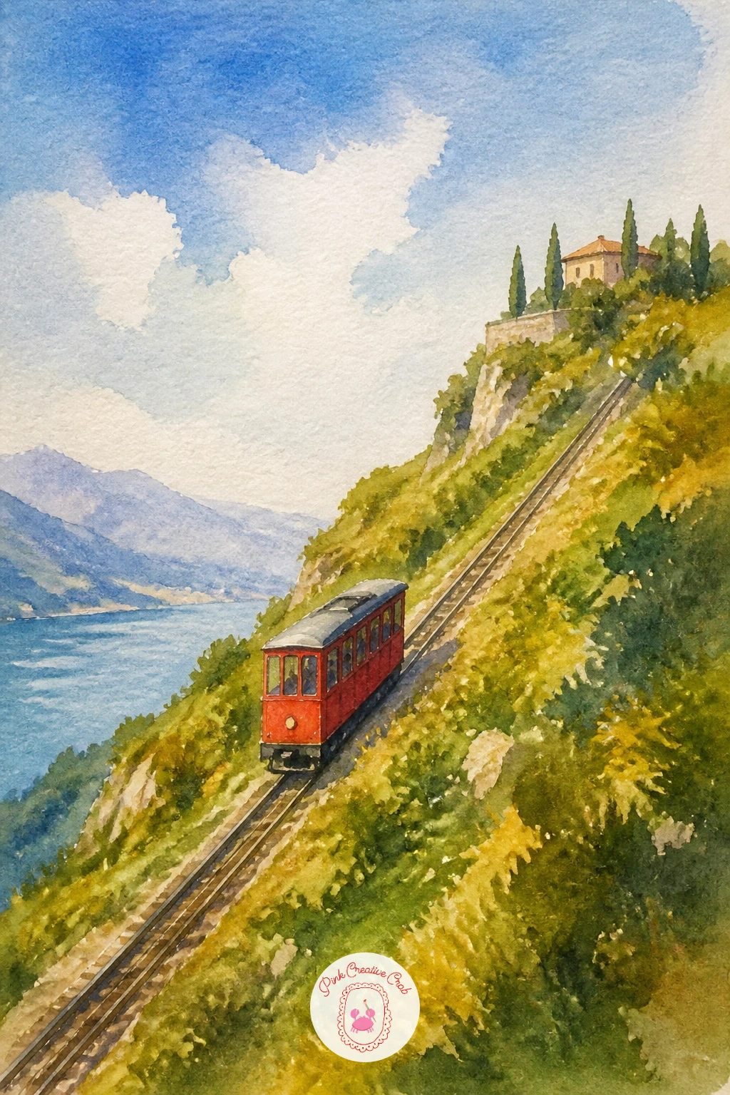 Funicular On A Hill — A small funicular car climbing a steep track pairs nicely with the tram idea but trades city buildings for an open hillside. Watercolor
