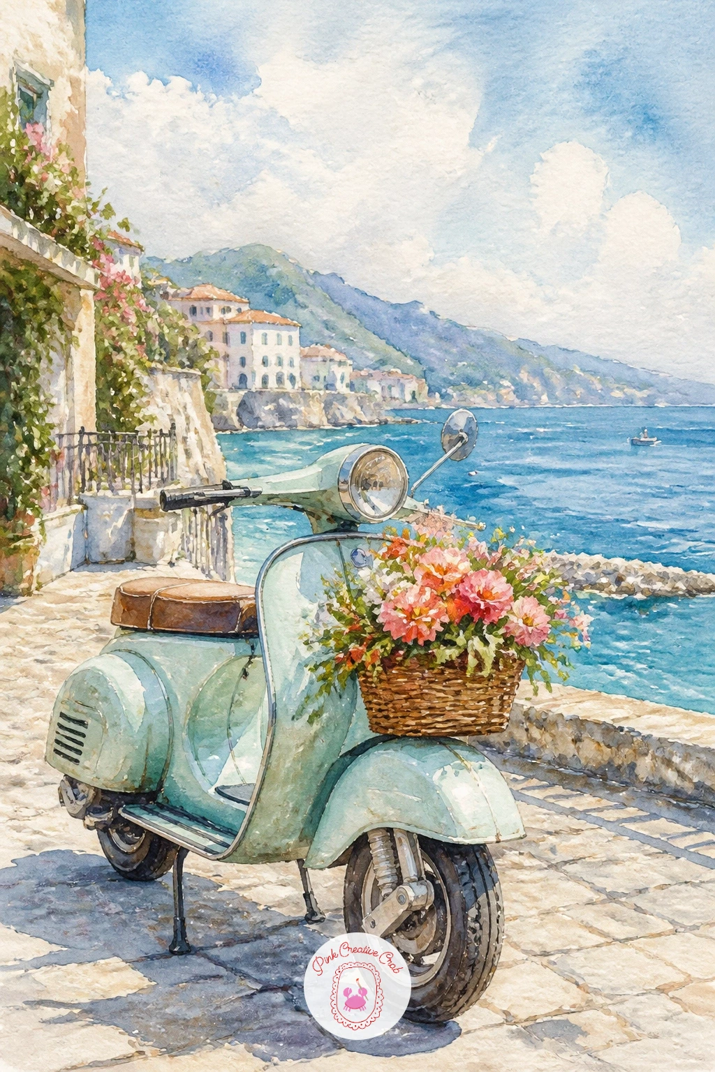 Vintage Vespa By The Sea — A Vespa scooter parked by the sea brings a relaxed, sunny holiday feeling to the page. Watercolor hot air balloon