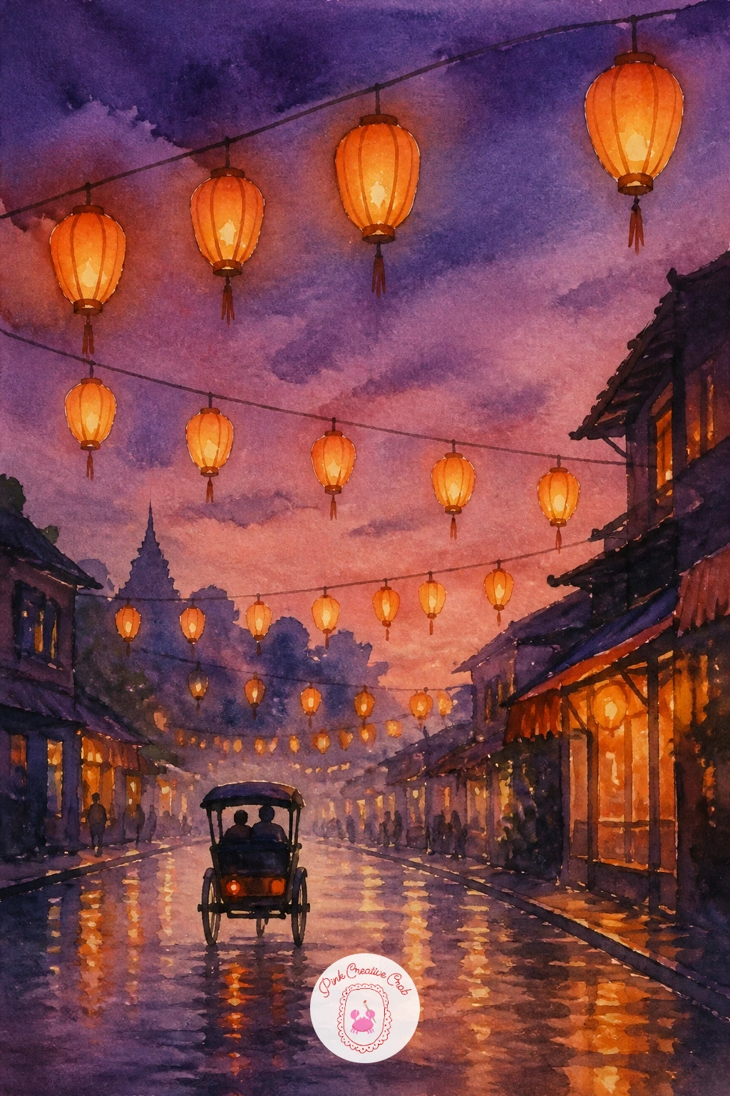 Rickshaw Under Lanterns — Moving into evening light, a rickshaw moving beneath a row of glowing lanterns is a lovely chance to practice warm light against a