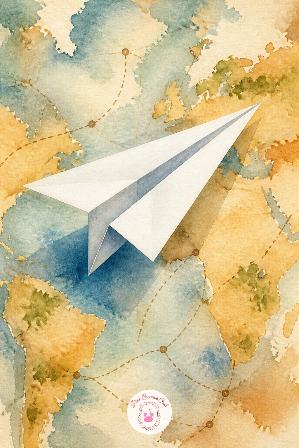 Paper Plane Over A Map — For something a little different, paint a paper plane soaring over an old map rather than a sky. Watercolor hot air balloon
