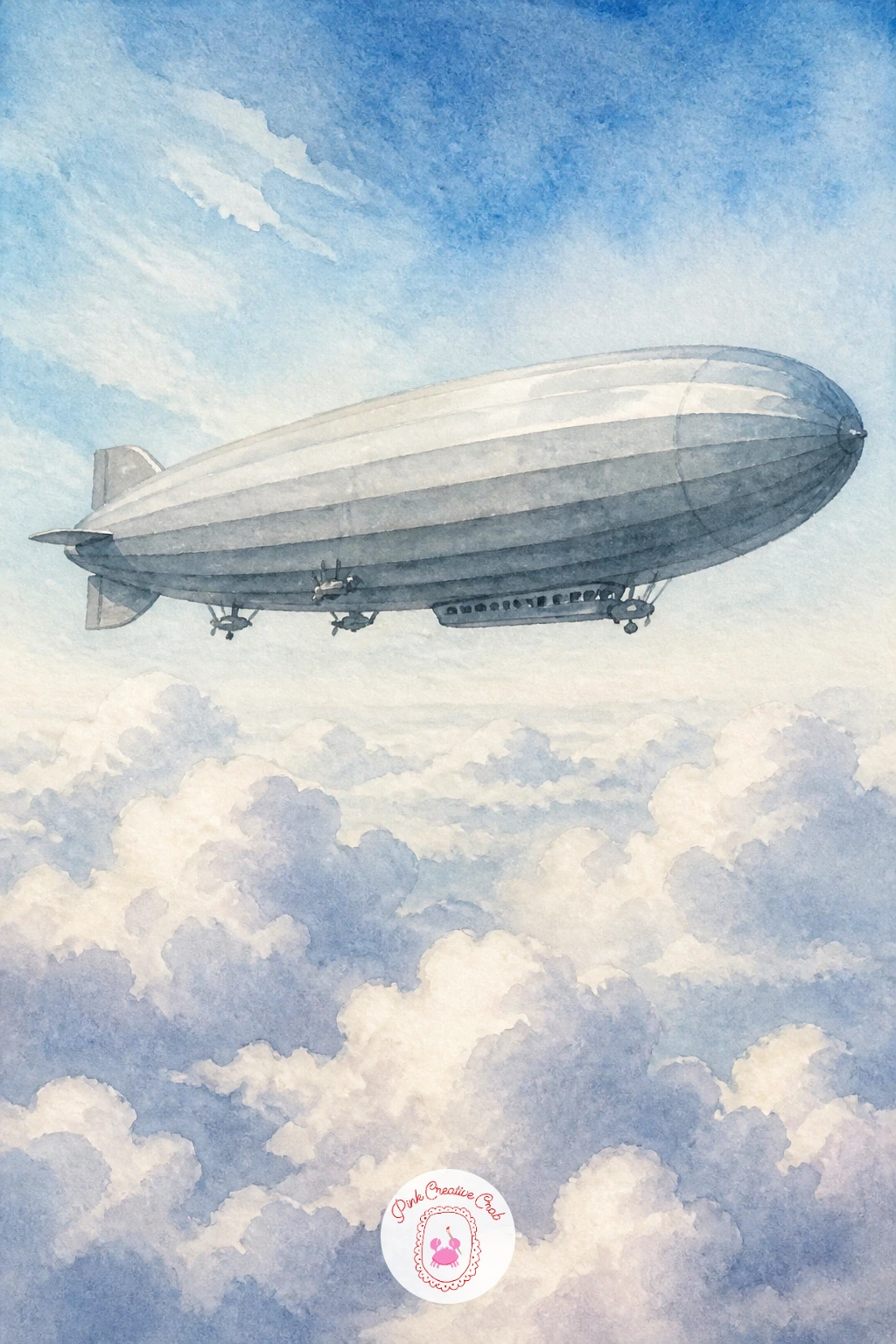 Zeppelin Over Clouds — A zeppelin drifting above a sea of clouds is a peaceful, almost dreamlike scene built mostly from soft whites and silvers. Watercolor