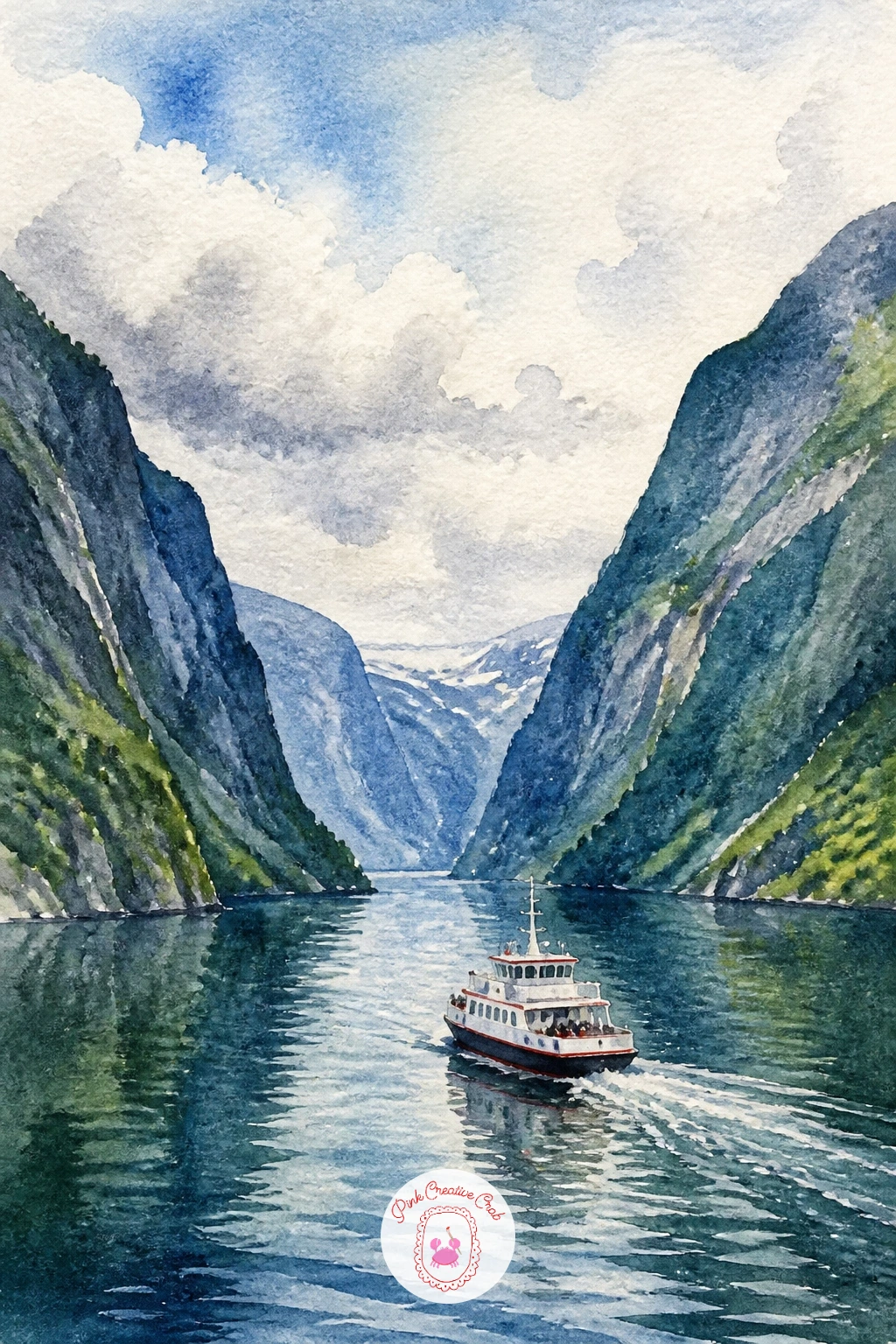 Ferry Crossing A Fjord — A small ferry crossing a Norwegian-style fjord gives you tall, dramatic cliffs to balance against a tiny boat. Watercolor hot air