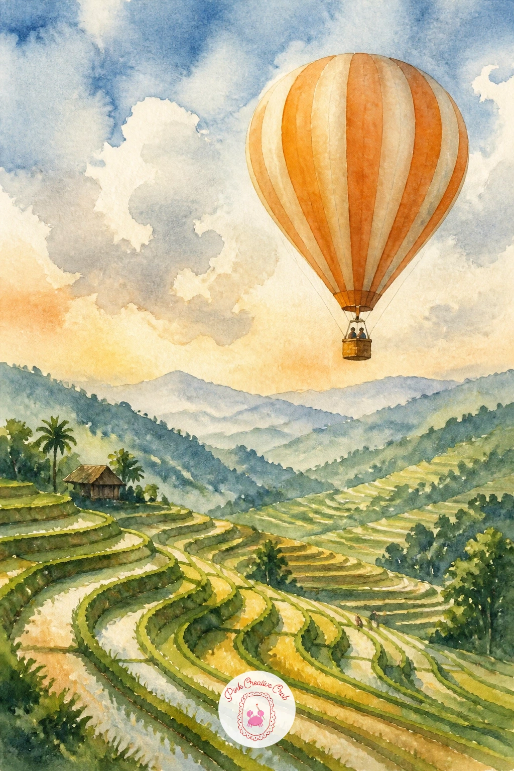 Balloon Over Rice Terraces — The last stop on this journey is a balloon drifting above layered rice terraces, a fitting close since it combines the curved