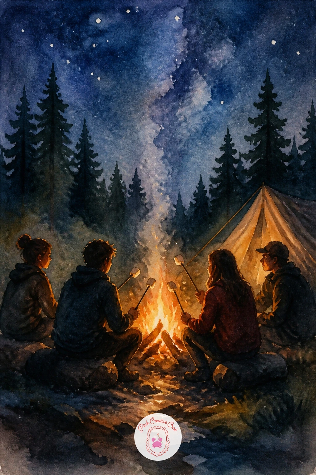 Campfire With Friends Roasting Marshmallows — Move from the quiet tent glow to something livelier: a campfire with a few friends gathered round roasting