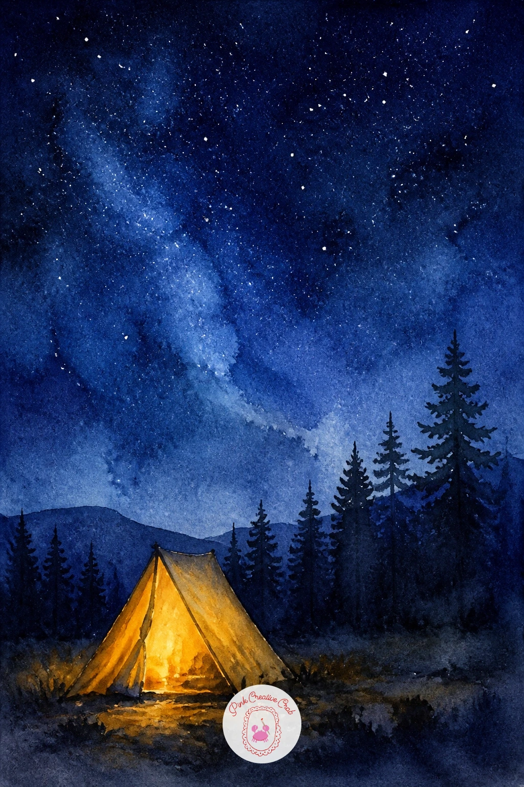 Glowing Tent Under the Stars — Start where every camping watercolor collection should start: a small tent glowing against a dark sky