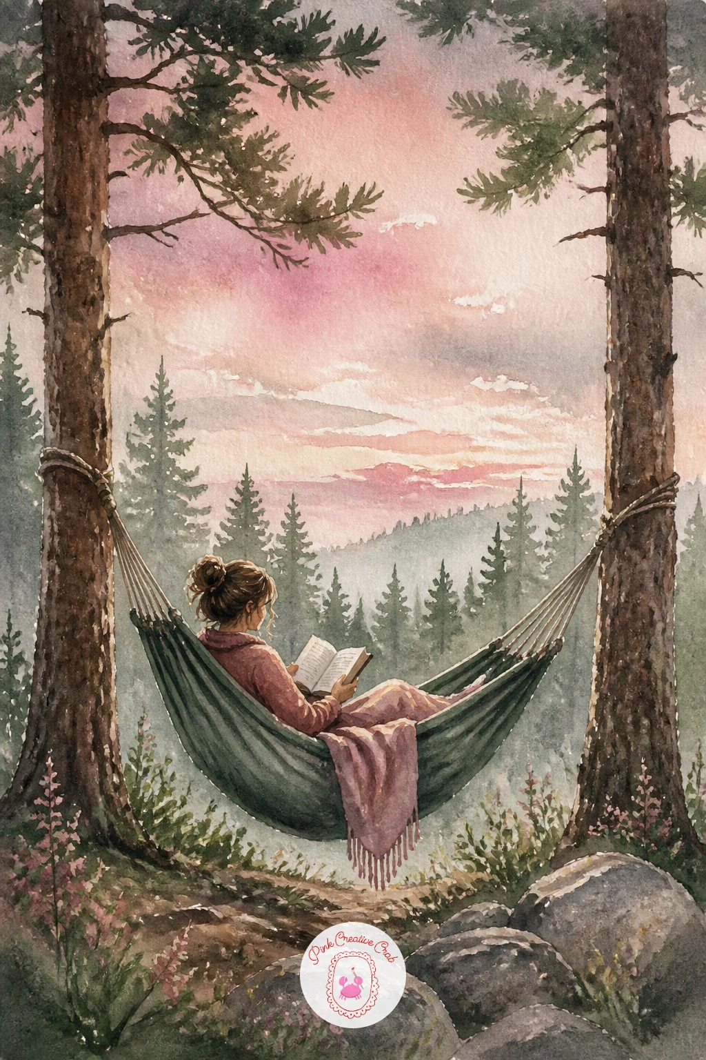 Woman Reading in a Hammock Between Pines — Settle into something quieter now: a woman reading in a hammock strung between two pine trees. Camping watercolor