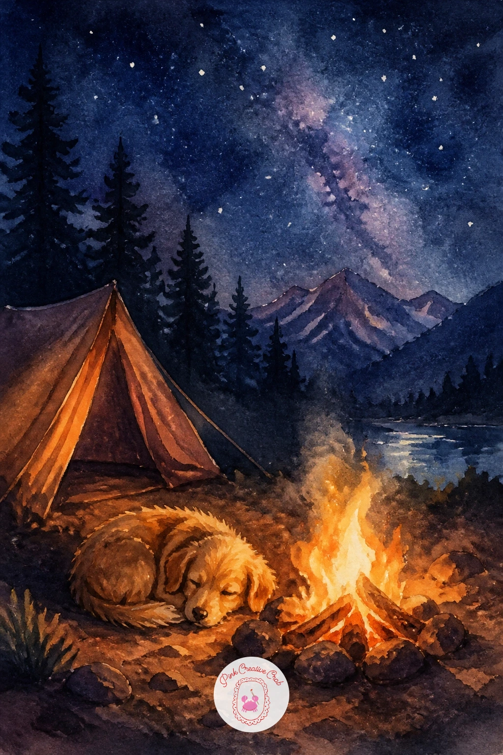 Dog Sleeping by the Campfire — Bring in a dog sleeping curled by the campfire for a scene that pairs naturally with the earlier group fire painting. Camping