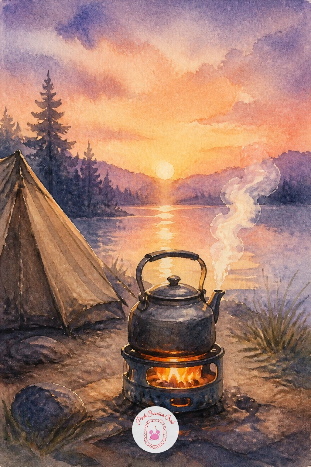 Kettle on a Camp Stove at Sunrise — Shift into morning light with a kettle steaming on a little camp stove. Camping watercolor