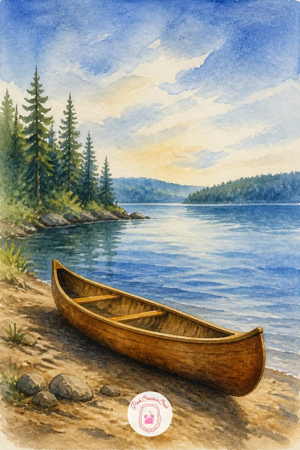Canoe Pulled Up on a Shore — Follow the water theme with a canoe resting on a quiet shore. Camping watercolor