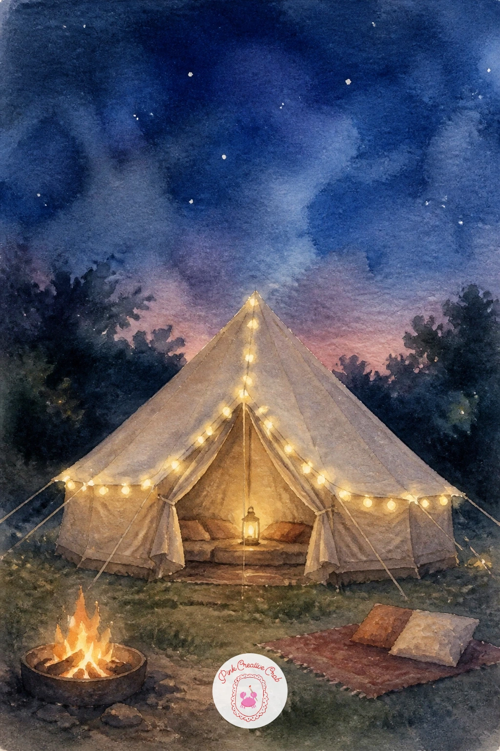 Bell Tent With Fairy Lights — Return to tents, this time a rounded bell tent strung with fairy lights at dusk. Camping watercolor