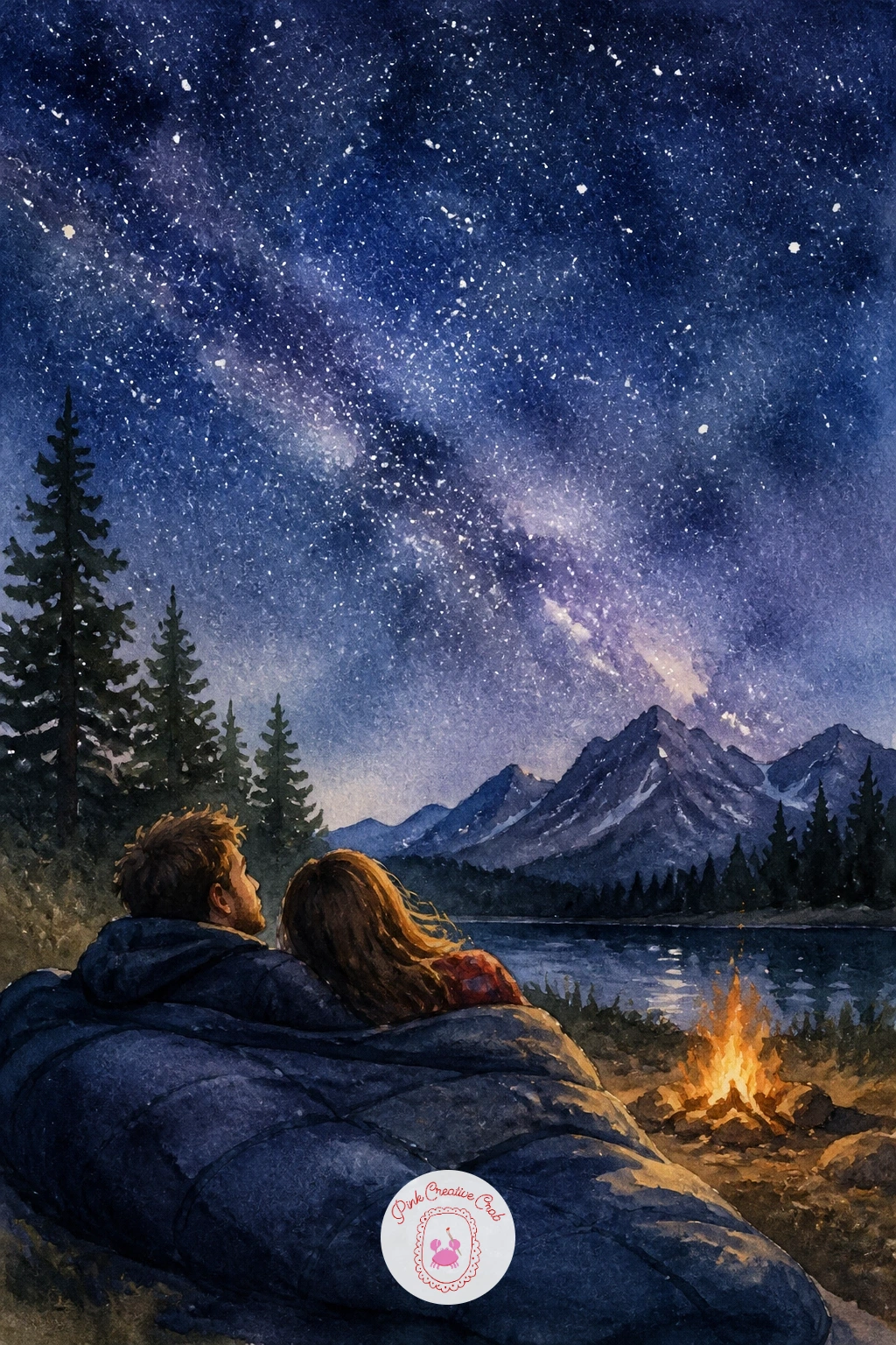 Couple Stargazing From a Sleeping Bag — Keep the night mood going with a couple lying together in a sleeping bag, looking up at the stars. Camping watercolor