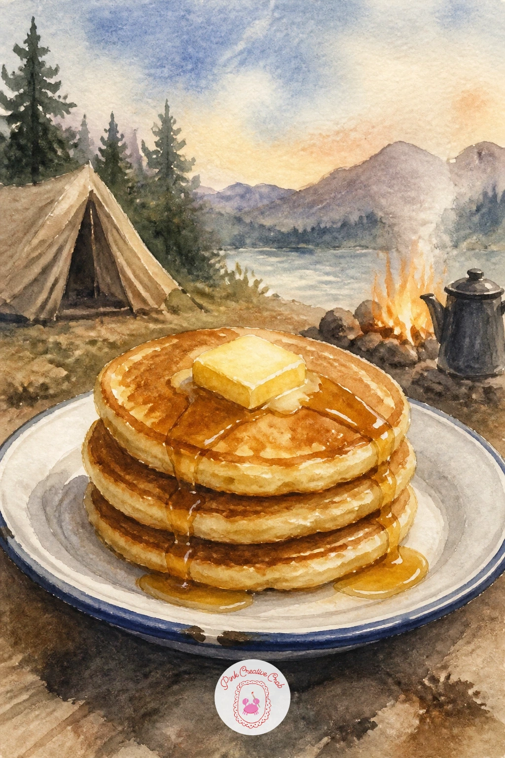 Camp Breakfast of Pancakes — Bring the mood down to earth with a small stack of camp pancakes on an enamel plate. Camping watercolor