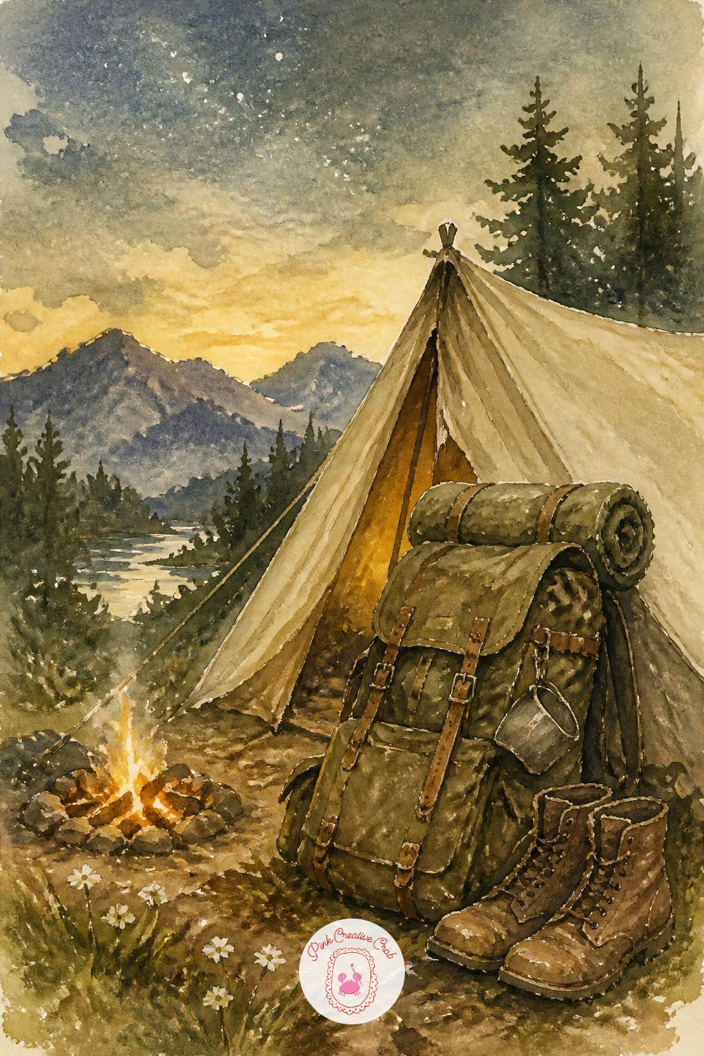 Hiking Backpack and Boots by a Tent — Shift to gear for a bit: a worn hiking backpack leaning against a tent with boots set beside it. Camping watercolor