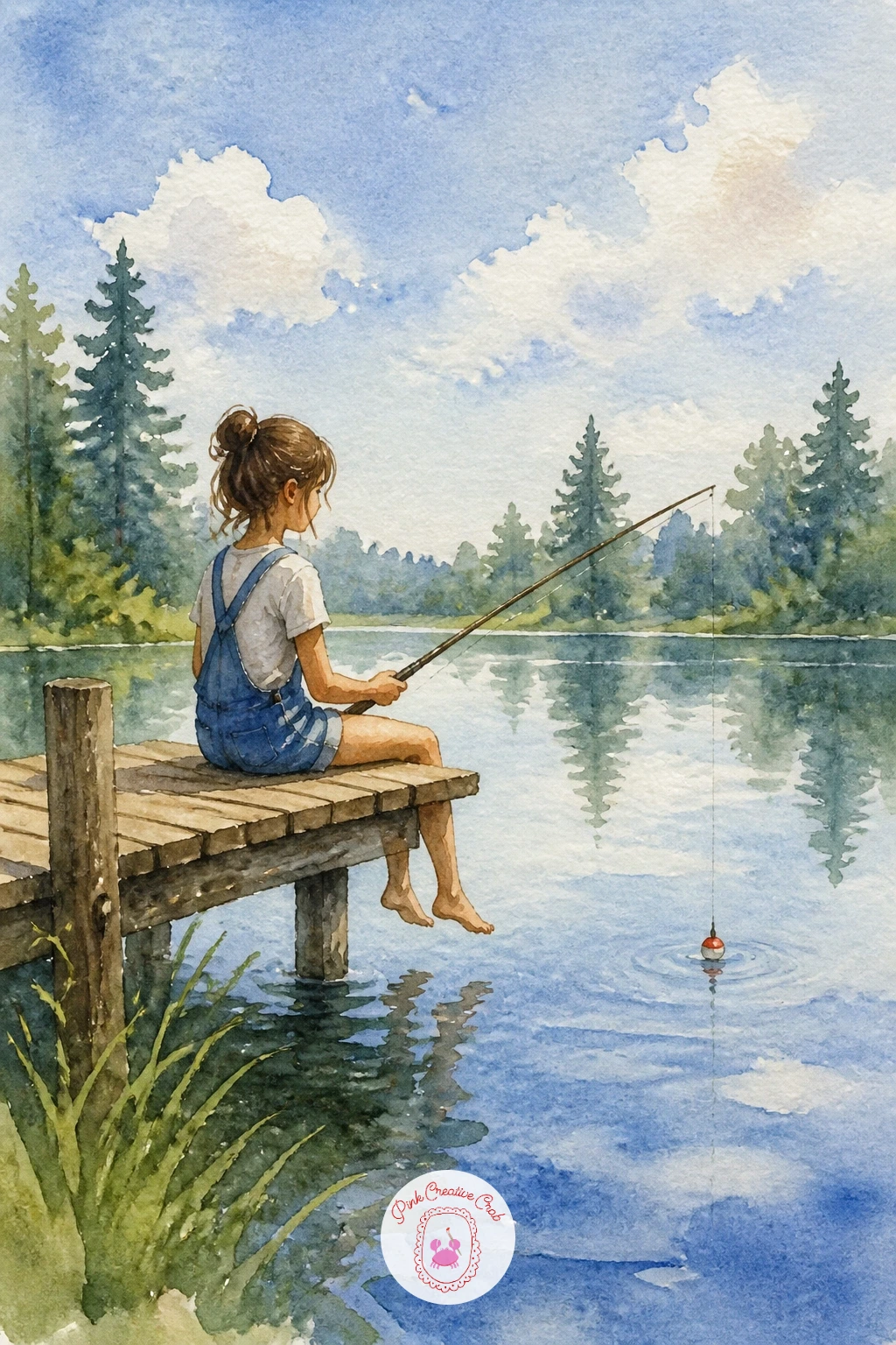 Girl Fishing From a Dock — Head back to the water with a girl sitting on a dock, fishing line dropped into the lake. Camping watercolor
