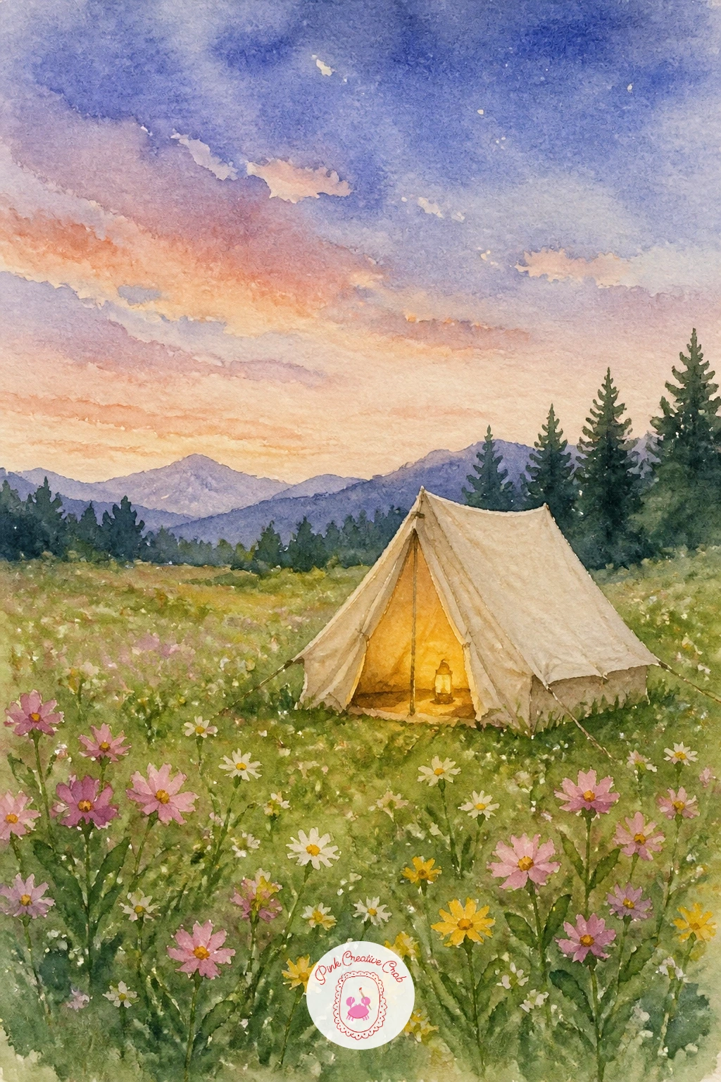 Tent in a Wildflower Meadow — Soften the mood with a small tent pitched in a wildflower meadow. Camping watercolor