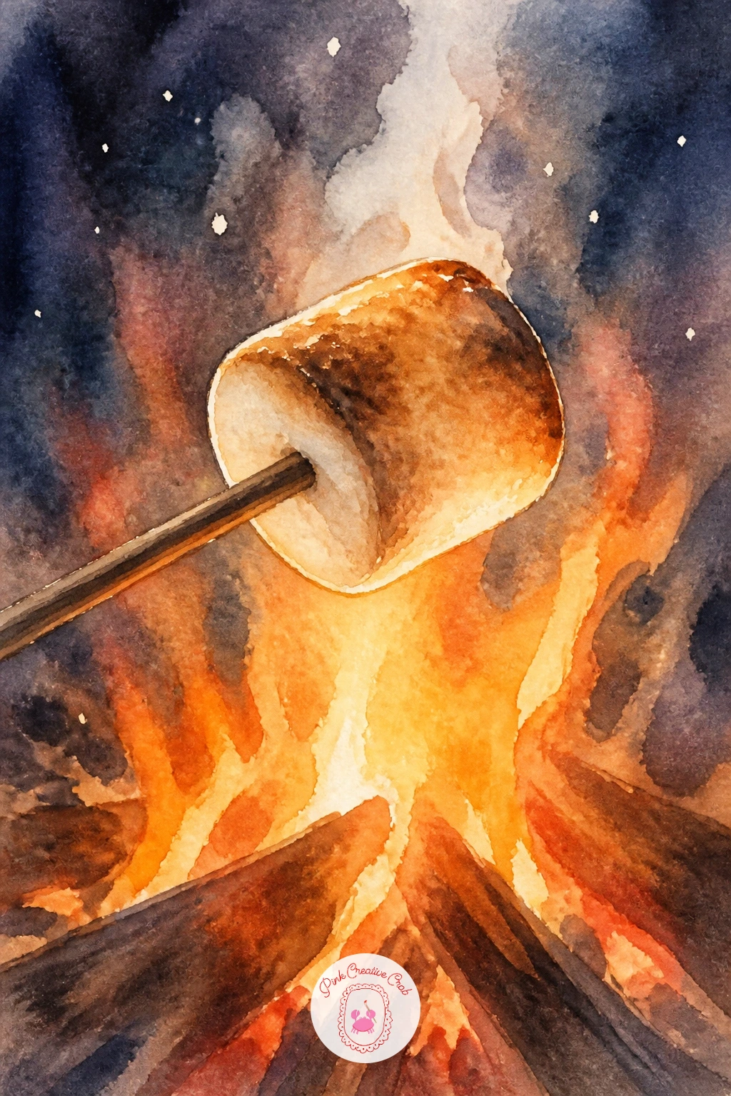 S'mores on a Stick — Zoom in close with a simple still life: marshmallows toasting on a stick over flame. Camping watercolor
