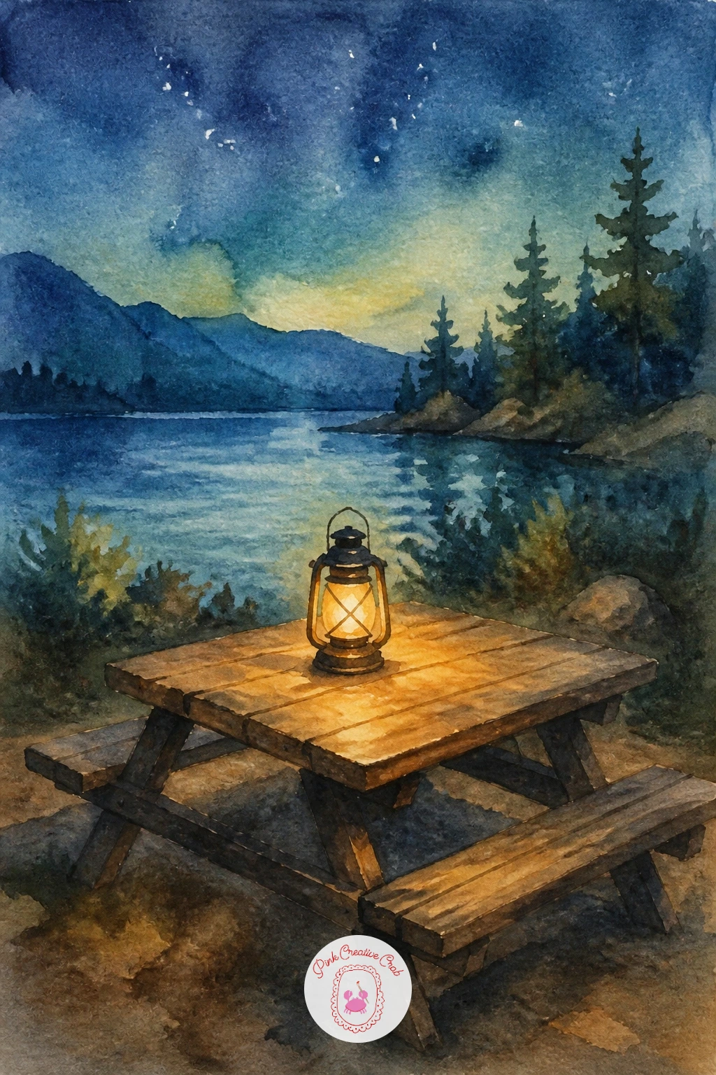 Lantern on a Picnic Table — Settle into stillness with a single lantern glowing on a wooden picnic table. Camping watercolor