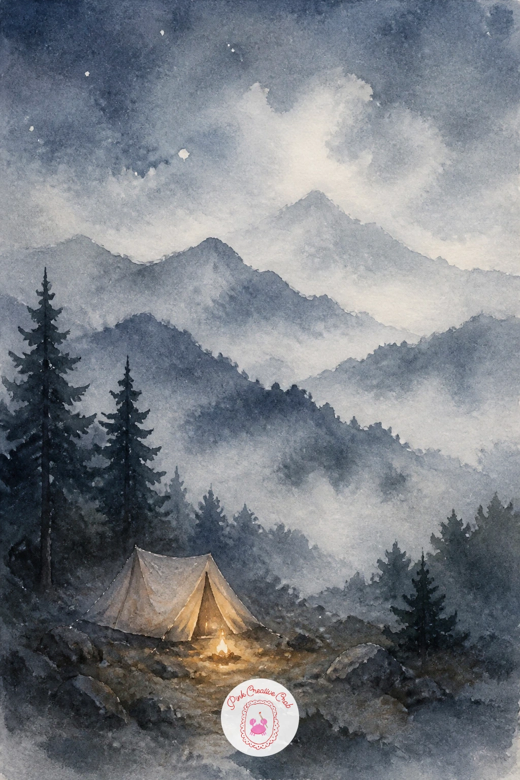 Mountain Campsite in Fog — Take on something a little more atmospheric: a mountain campsite half hidden in fog. Camping watercolor