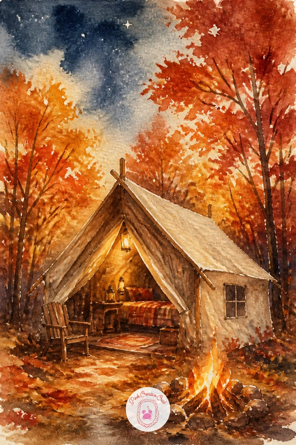 Cabin Tent in Autumn — Warm things back up with a cabin-style tent surrounded by autumn trees. Camping watercolor