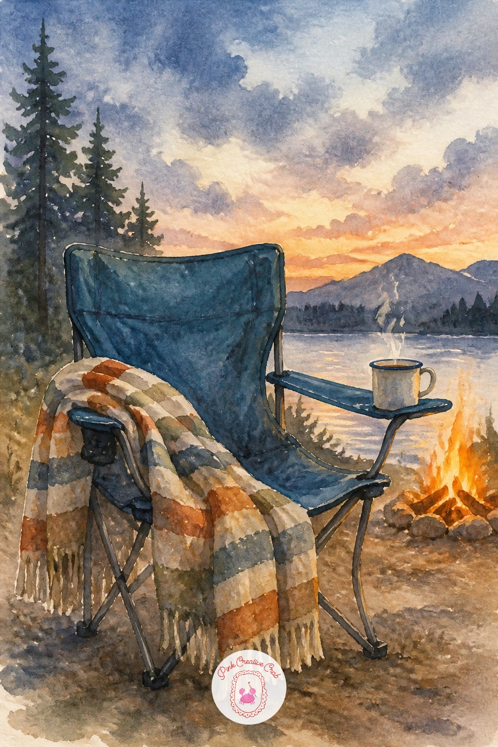 Camping Chair With a Mug and Blanket — Ease into something cozy and simple: an empty camping chair draped with a blanket, a mug balanced on its arm. Camping