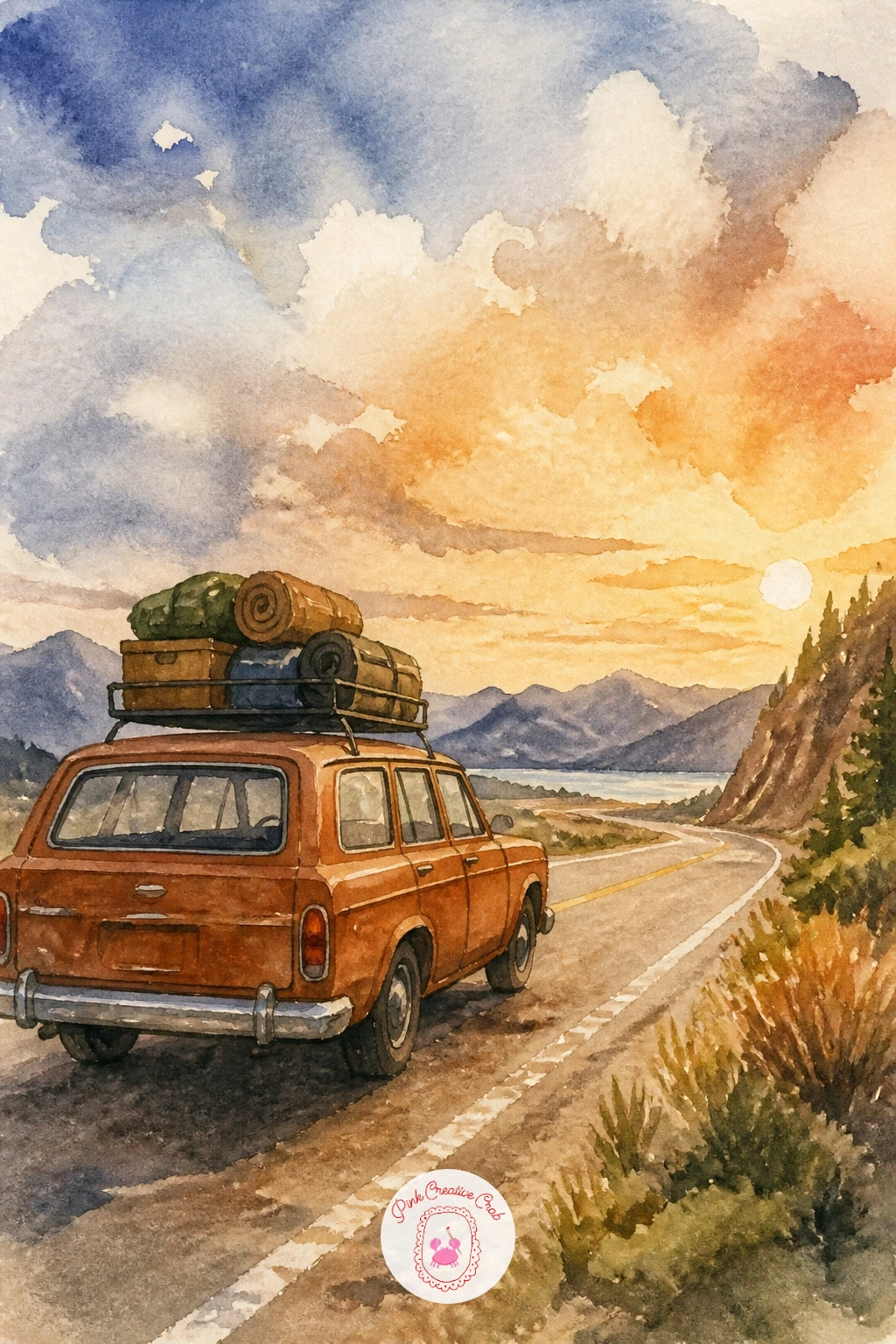 Road Trip Car With Gear on the Roof — Pick up the pace with a road trip car, roof piled with camping gear, parked against an open road backdrop. Camping