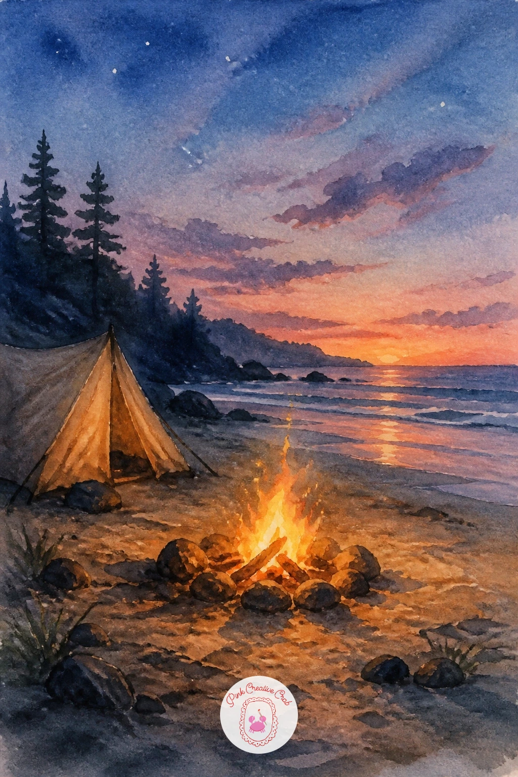 Beach Campfire at Dusk — Carry the fire theme to the coast with a beach campfire glowing at dusk. Camping watercolor