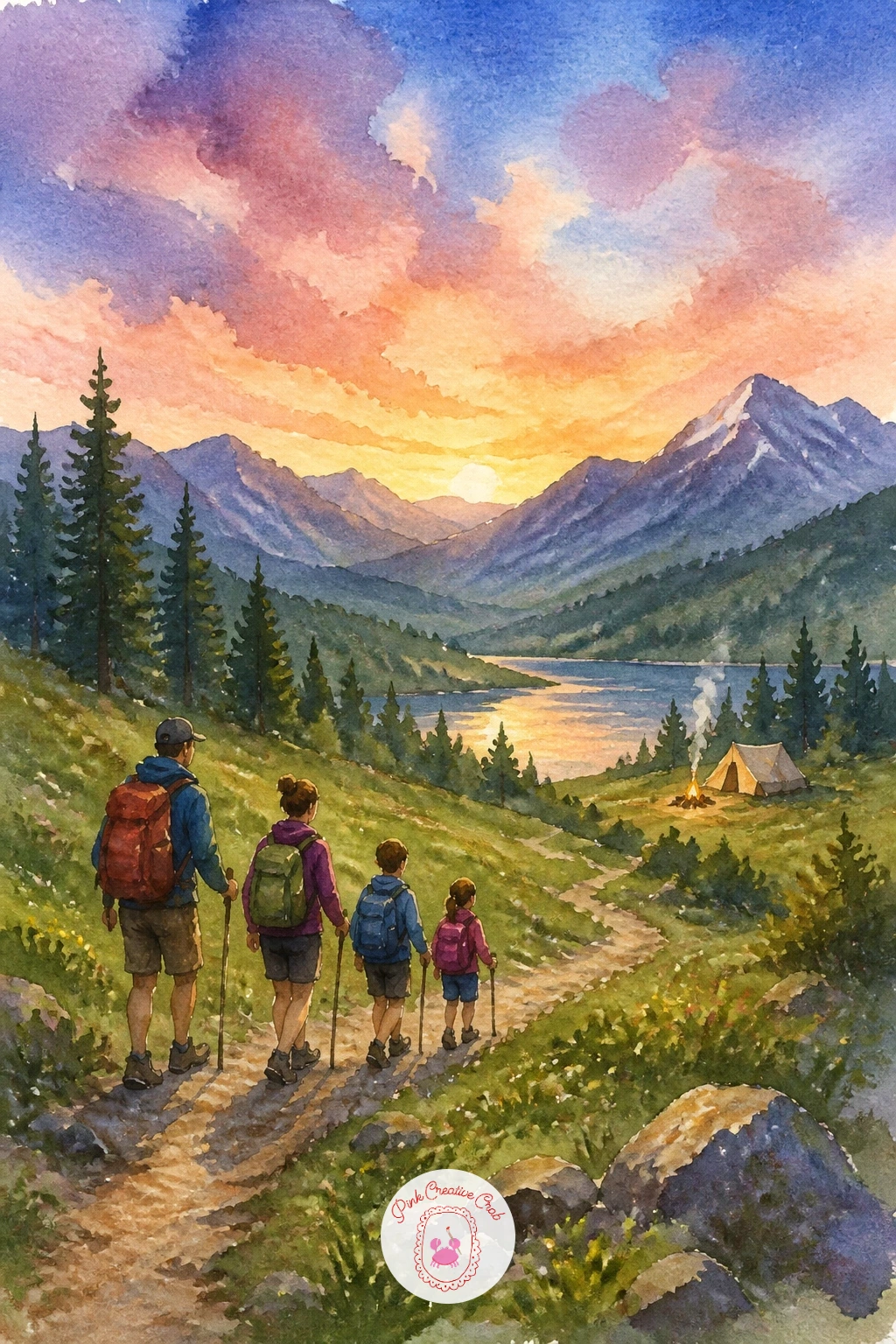 Family Hiking to a Campsite — Bring in some motion with a small family hiking a trail toward a distant campsite. Camping watercolor