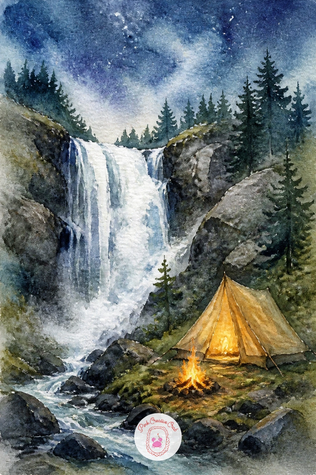 Tent Pitched by a Waterfall — Pair a tent with the drama of a small waterfall tumbling in the background. Camping watercolor