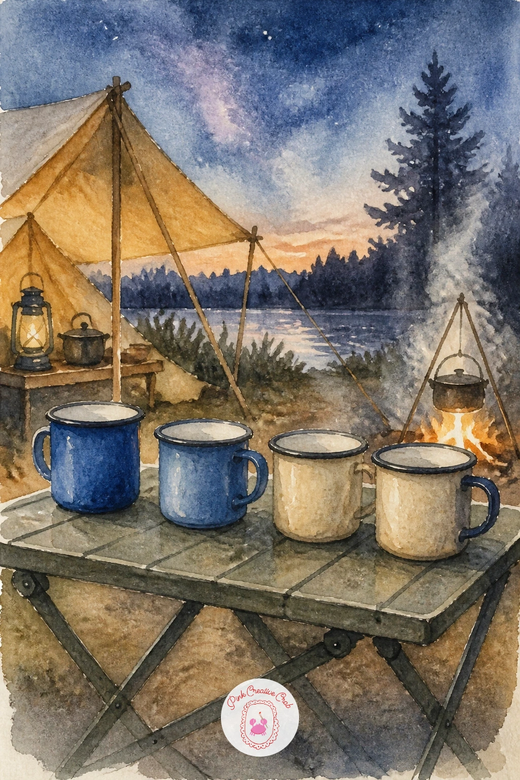 Camp Kitchen With Enamel Mugs — Zoom into a small camp kitchen corner, a few enamel mugs lined up on a folding table. Camping watercolor