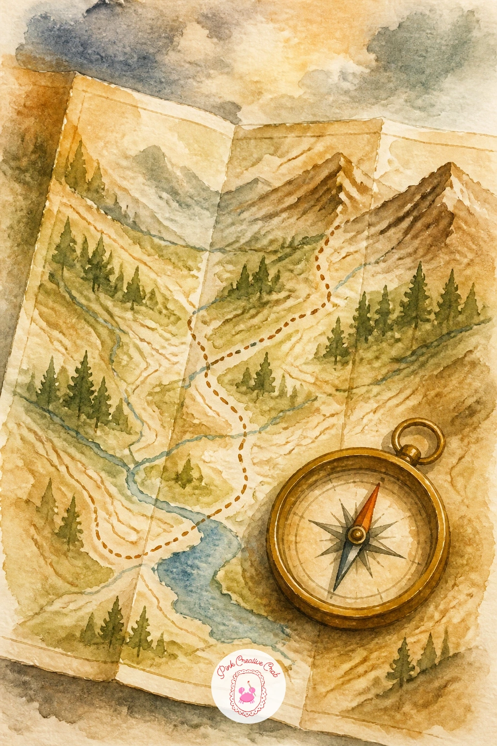 Trail Map and Compass — Slow down with a flat lay of a trail map and compass resting on paper. Camping watercolor