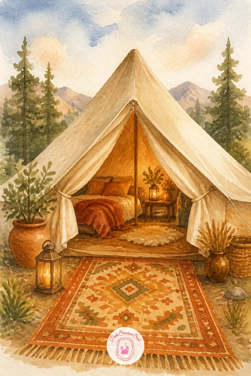 Glamping Tent With a Rug — Return to tents once more, this time a glamping tent interior with a patterned rug spread at the entrance. Camping watercolor