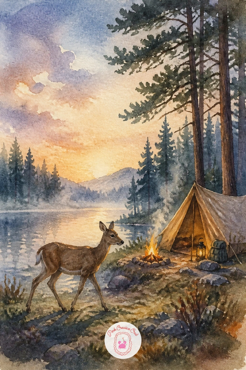 Deer Passing a Quiet Campsite — Bring in a little wildlife with a deer passing quietly near the edge of a sleeping campsite. Camping watercolor