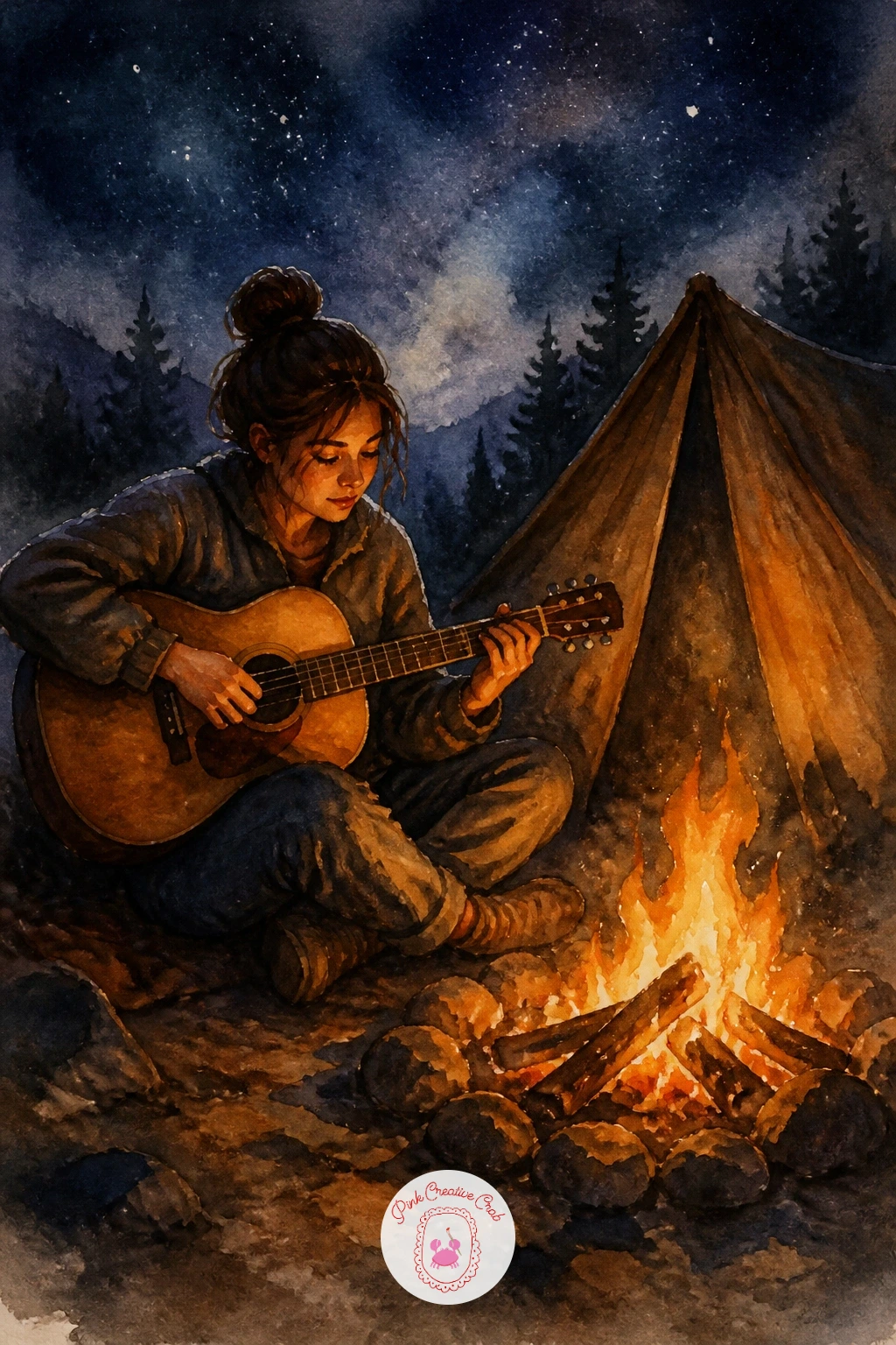 Girl Playing Guitar by the Fire — Bring the sound back into the scene with a girl playing guitar beside the campfire. Camping watercolor