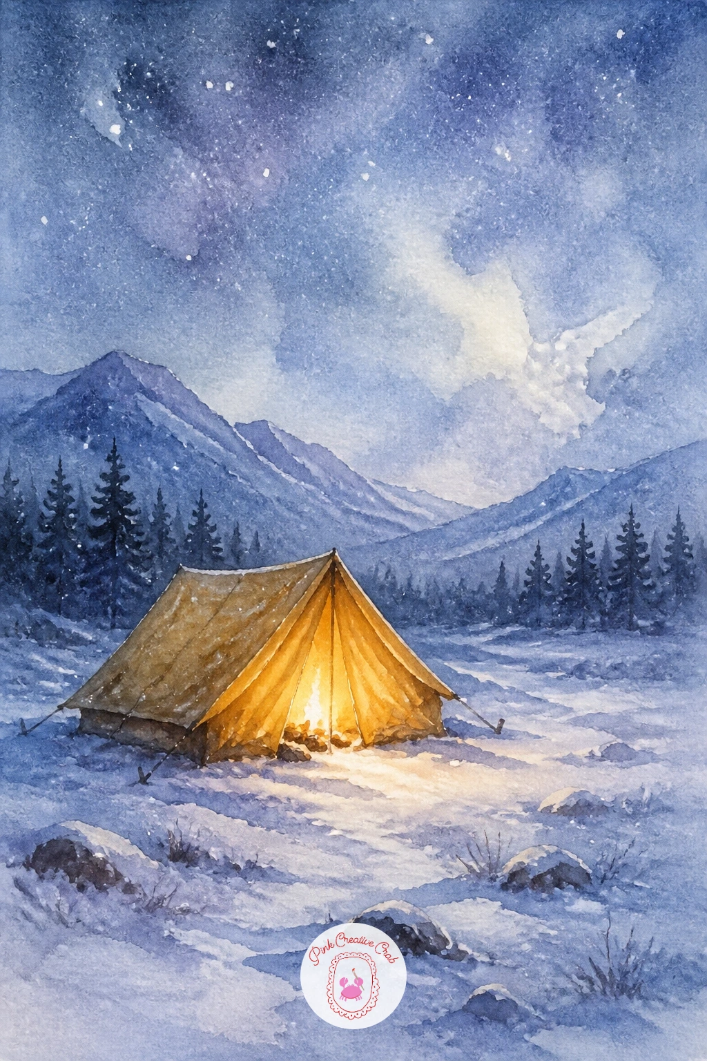 Tent in Snow With a Warm Glow — Circle back to a glowing tent, now set in snow for a cozy winter contrast. Camping watercolor
