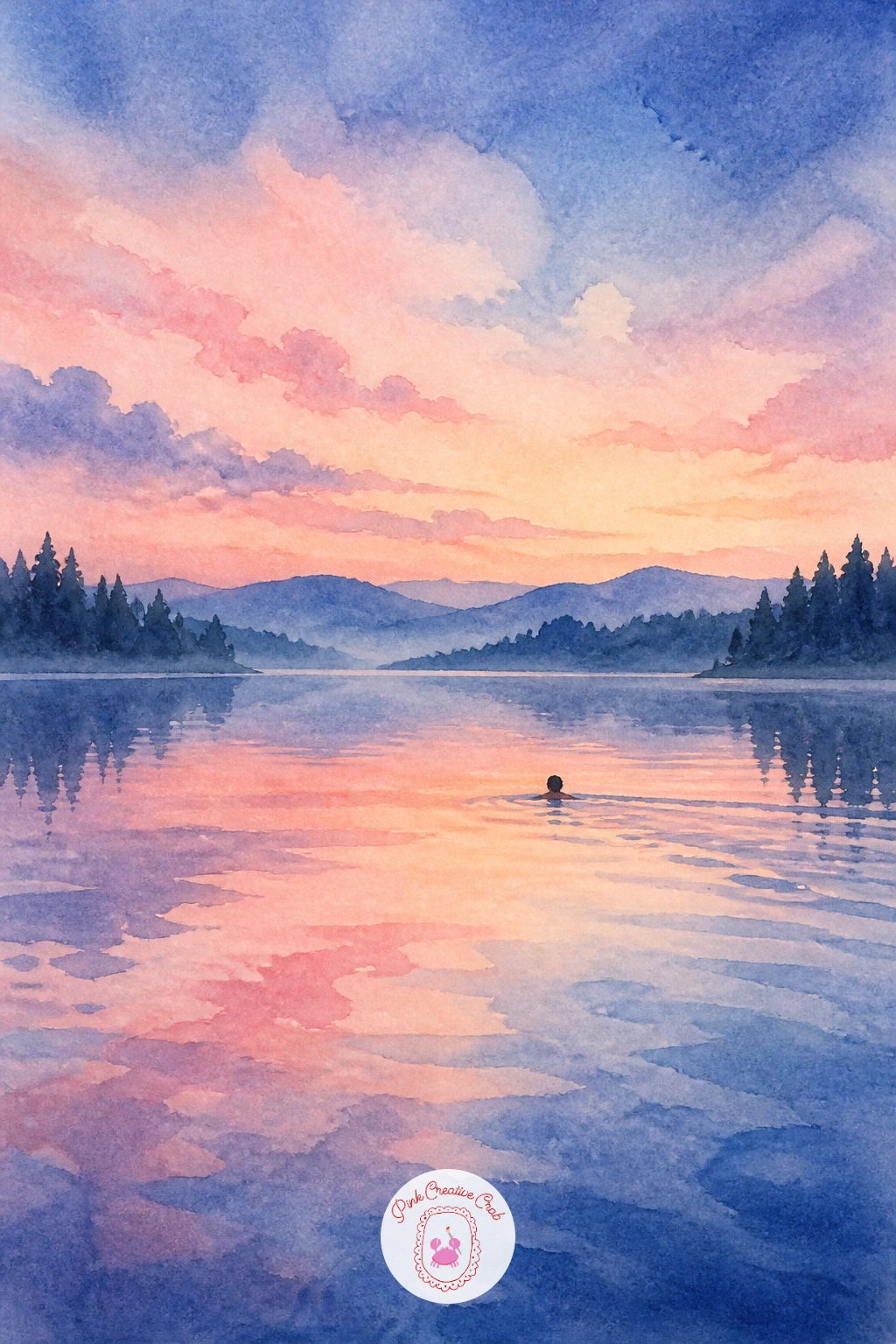 Lake Swim at Dawn — Bring quiet motion to the water with a figure swimming across a calm lake at dawn. Camping watercolor