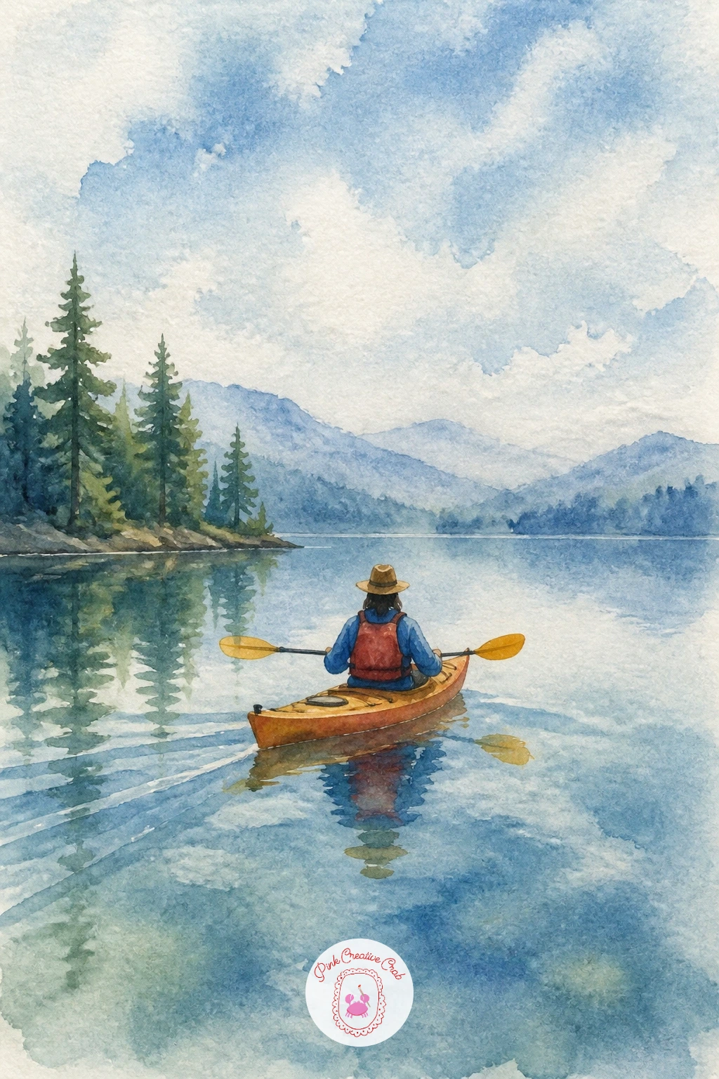 Kayak on a Calm Lake — Keep the water theme going with a single kayak gliding across a still lake. Camping watercolor