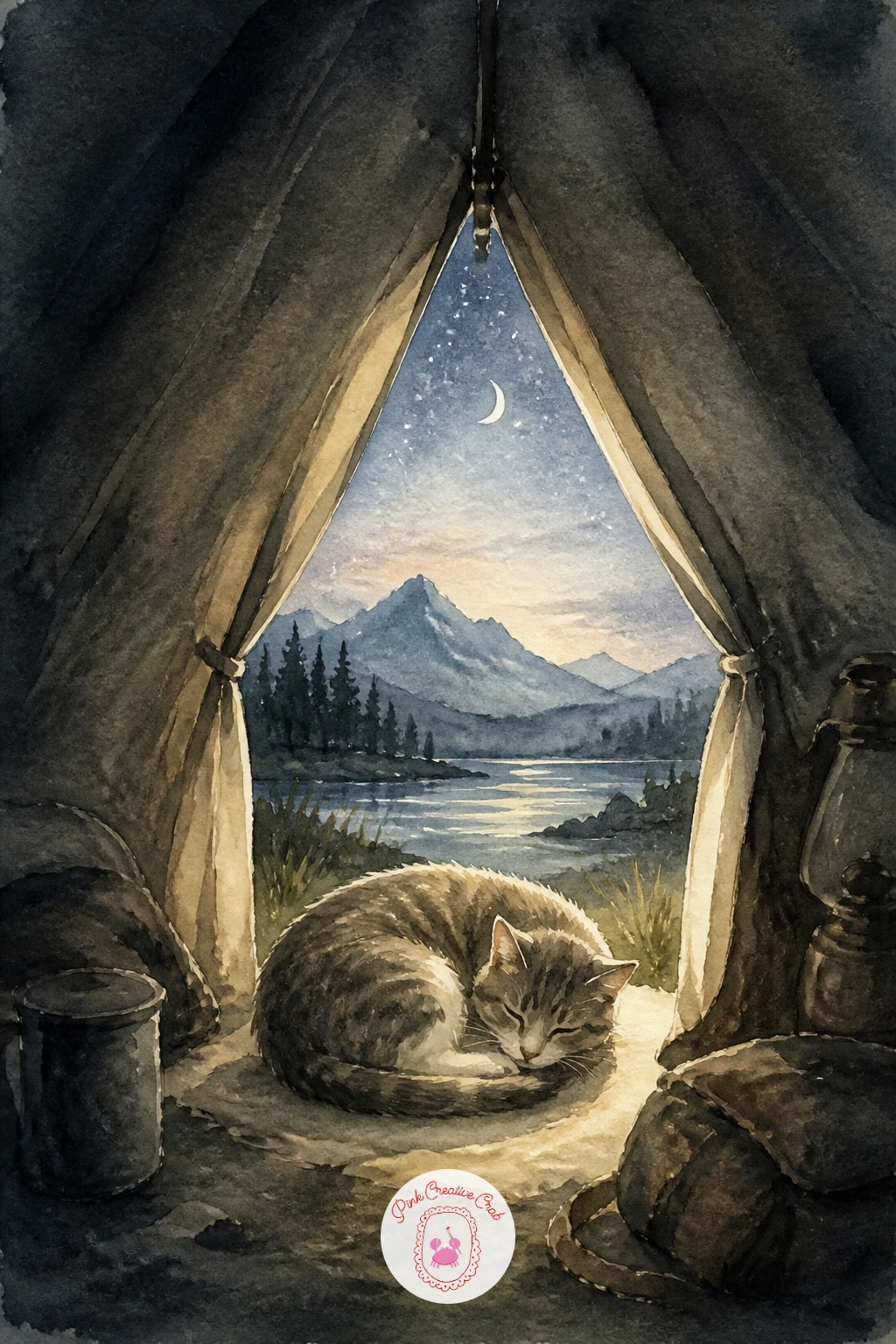 Sleepy Cat in a Tent Doorway — Close the list the way it began, with a tent, but this time a sleepy cat curled right in the open doorway. Camping watercolor